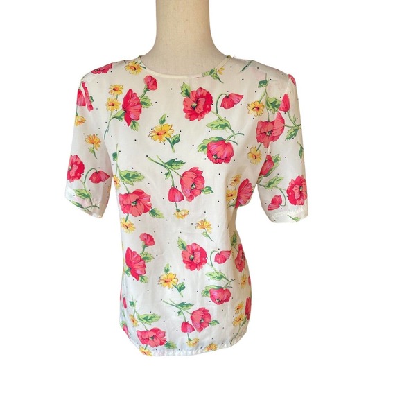 Secretary‎ Top Short Sleeve Blouse Silky Soft 12 Large Poppies Daisies Vintage - Picture 1 of 3